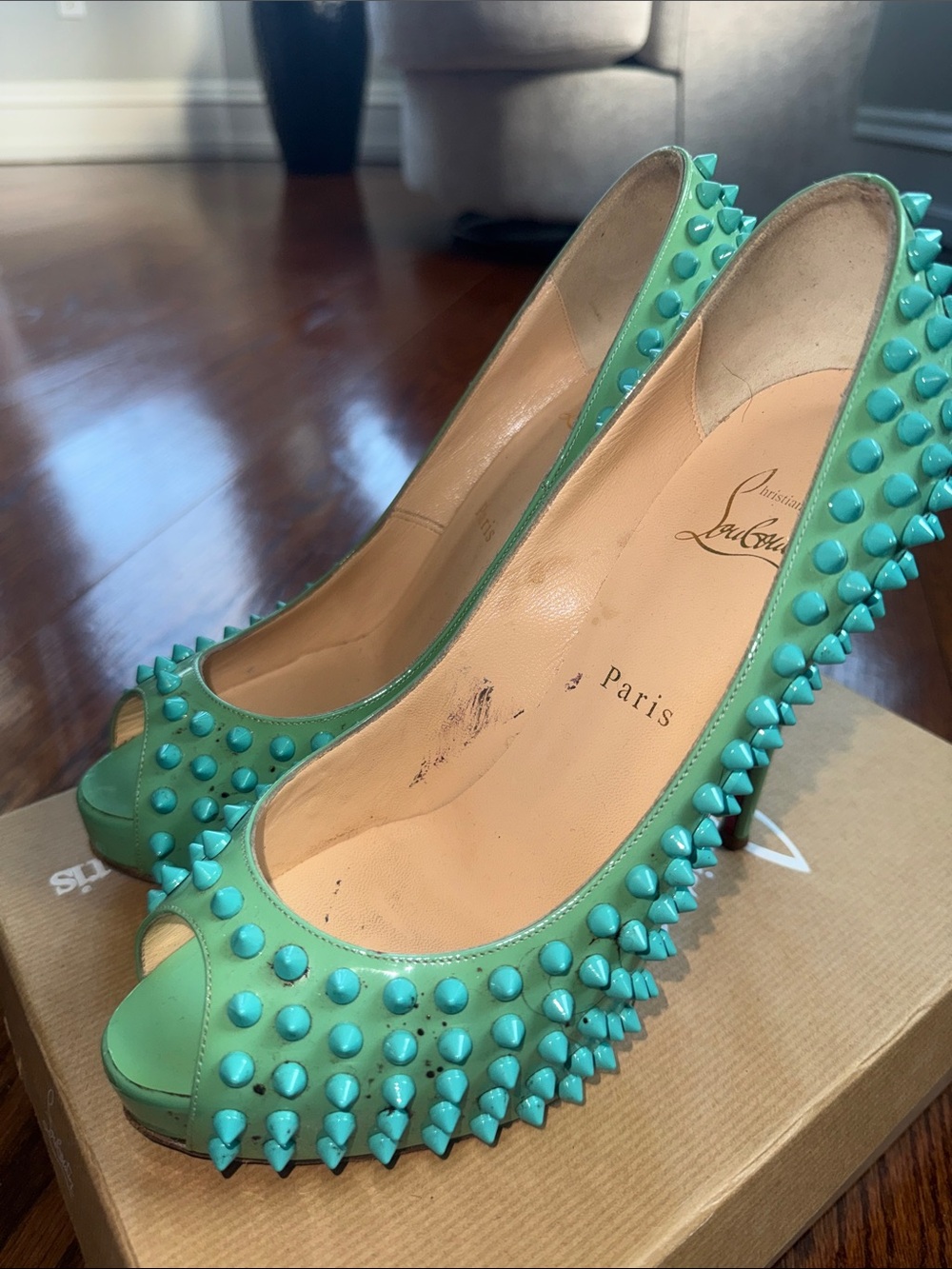 Christian Louboutin Turquoise Spike Peep-Toe Heels - Picture 3 of 5